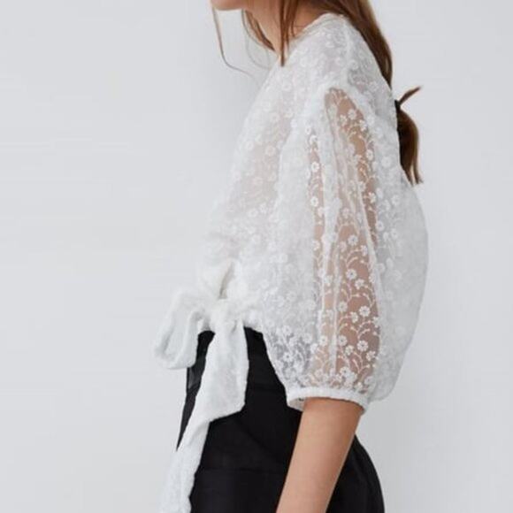 Zara Floral Eyelet Organza Crop Top Fairy Cottage Coquette Ballet Ethereal White - Picture 2 of 11